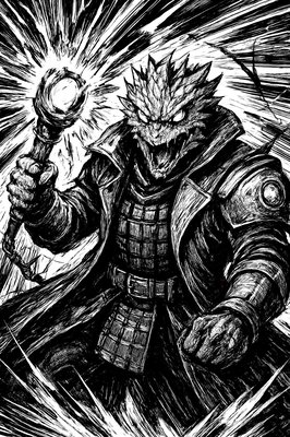 a black and white drawing of a man holding a sword
