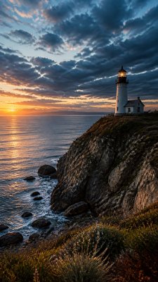 a lone lighthouse on a cliff at dusk under a dramatic sky, no text or lettering