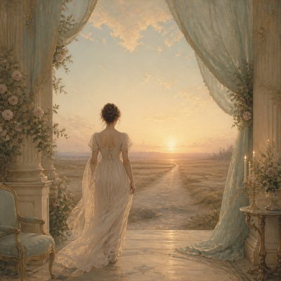 a solitary figure walking toward a glowing horizon across an empty plain, moody atmosphere, no text or lettering