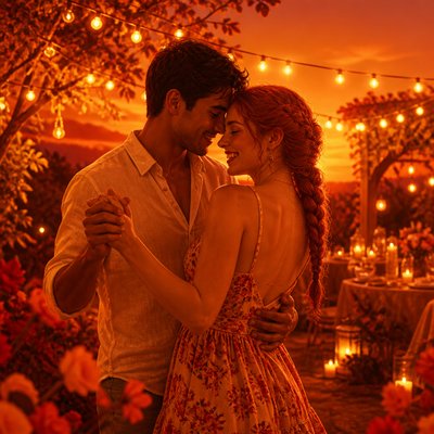 an original couple dancing under string lights in a garden at dusk: a man with short black hair in a linen shirt and a woman with braided red hair in a summer dress