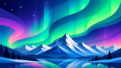 a flowing aurora over snowy peaks, wide sweeping composition, no people, no text