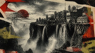 a cliffside city with waterfalls cascading into a misty canyon, wide establishing shot, no people, no text