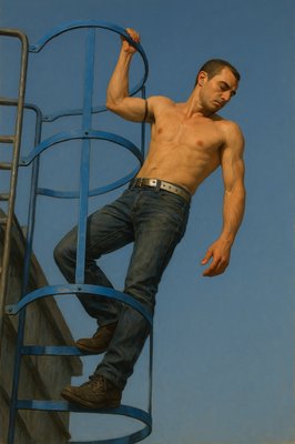 a shirtless man climbing up a metal ladder