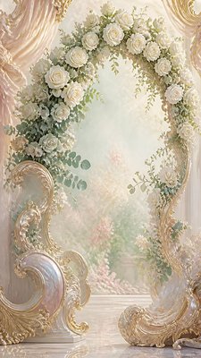 an arch of white roses and eucalyptus in soft morning light, elegant vertical composition with open space, no text