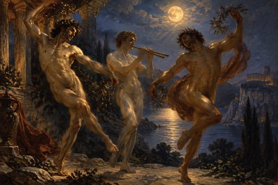 two ancient greek male athletes and a flute player without clothes dance in the moon light
