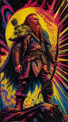 full-body original character: a dwarven ranger with a braided auburn beard, worn leather armor, a longbow and a wolf-pelt cloak, neutral background, no text