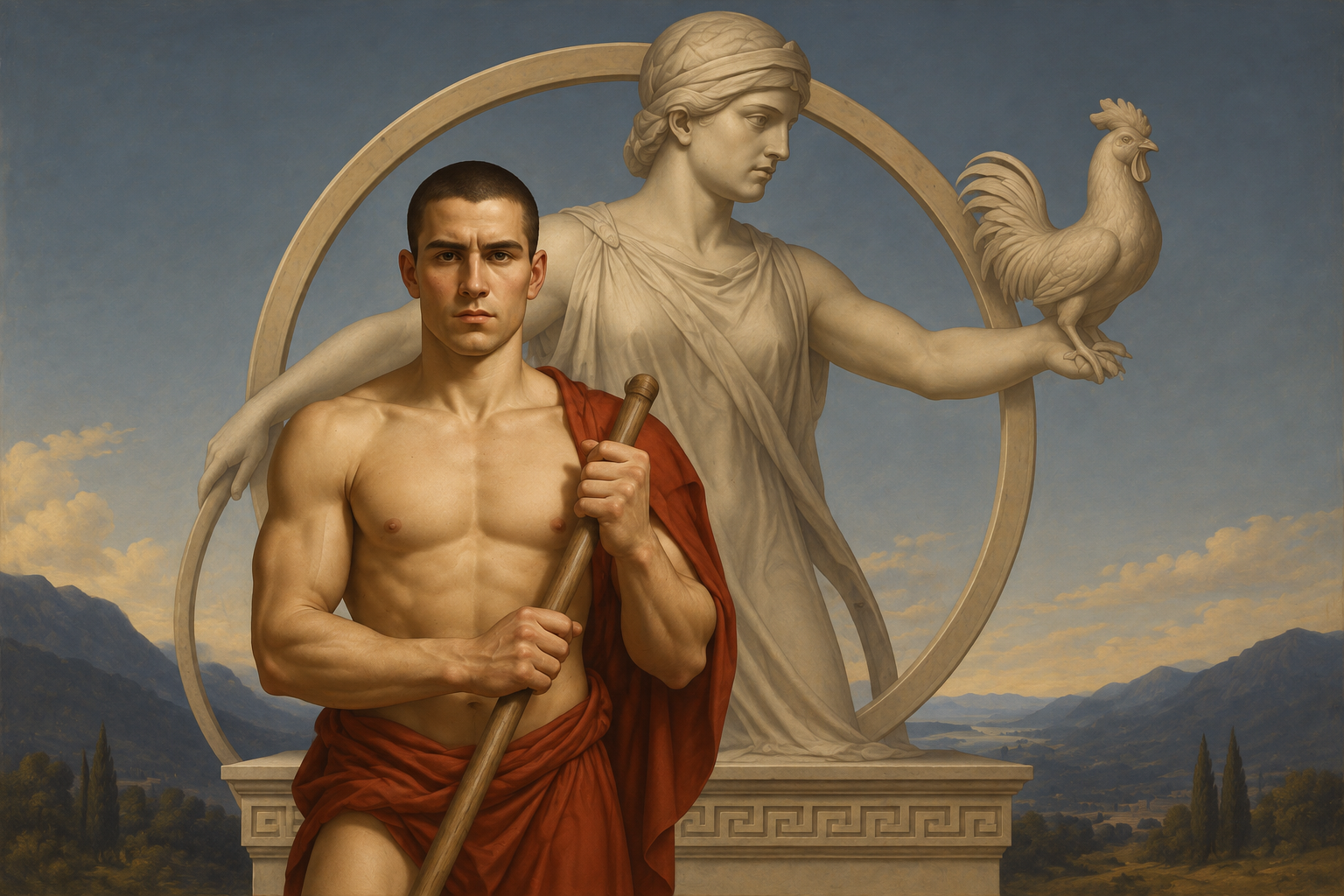 a painting of a man standing next to a statue