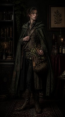 full-body original character: a wandering botanist with a satchel of plants, a patched green cloak, tall boots and round glasses, neutral background