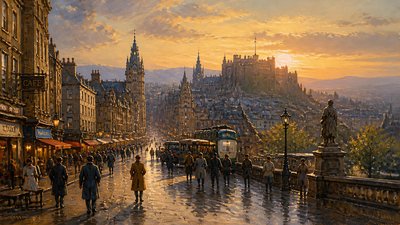 bustling city street panorama at dusk