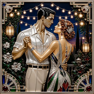 an original couple dancing under string lights in a garden at dusk: a man with short black hair in a linen shirt and a woman with braided red hair in a summer dress