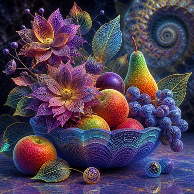 still life arrangement of fruits and flowers
