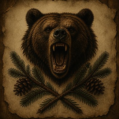 a roaring bear head above crossed pine branches, bold graphic composition on a plain background, no text