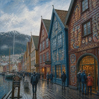 urban street with city activity — Bergen Art Style