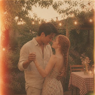 an original couple dancing under string lights in a garden at dusk: a man with short black hair in a linen shirt and a woman with braided red hair in a summer dress