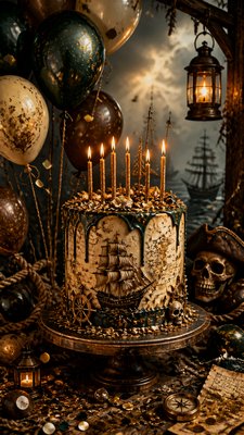 a birthday cake with lit candles surrounded by balloons and confetti, festive vertical composition, no text