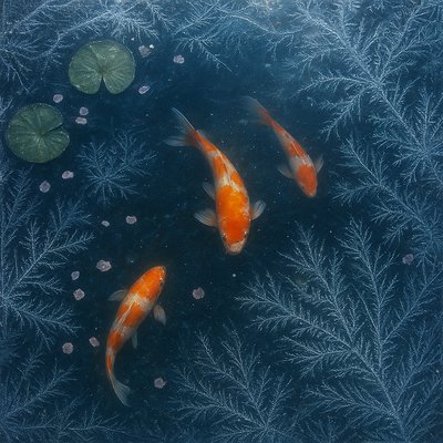 A koi pond seen from above, orange and white koi fish swimming among lily pads, clear water with subtle ripples, fallen cherry blossom petals floating on the surface, dappled sunlight