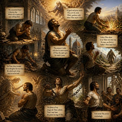 "The prayers I make will then be sweet indeed,
If Thou the spirit give by which I pray:
My unassisted heart is barren clay,
Which of its native self can nothing feed:
Of good and pious works Thou art the seed,
Which quickens only where Thou say'st it may;
Unless Thou show to us Thine own true way,
No man can find it: Father! Thou must lead.
Do Thou, then, breathe those thoughts into my mind
By which such virtue may in me be bred
That in Thy holy footsteps I may tread;
The fetters of my tongue do Thou unbind,
That I may have the power to sing of Thee,
And sound Thy praises everlastingly."

-	by Michelangelo 
