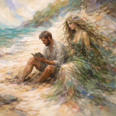 From a little distance, An island goddess spirit robed in green leaves covertly 
sits beside a castaway man on a beach who is reading a book 