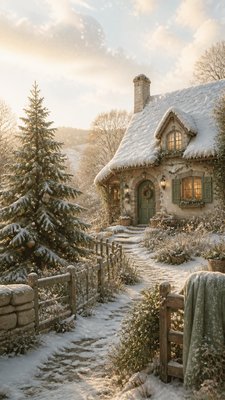 a snow-covered cottage with warm glowing windows beside a decorated pine tree, gentle snowfall, no text
