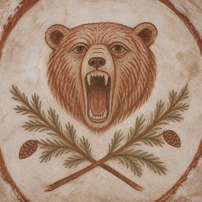 a roaring bear head above crossed pine branches, bold graphic composition on a plain background, no text