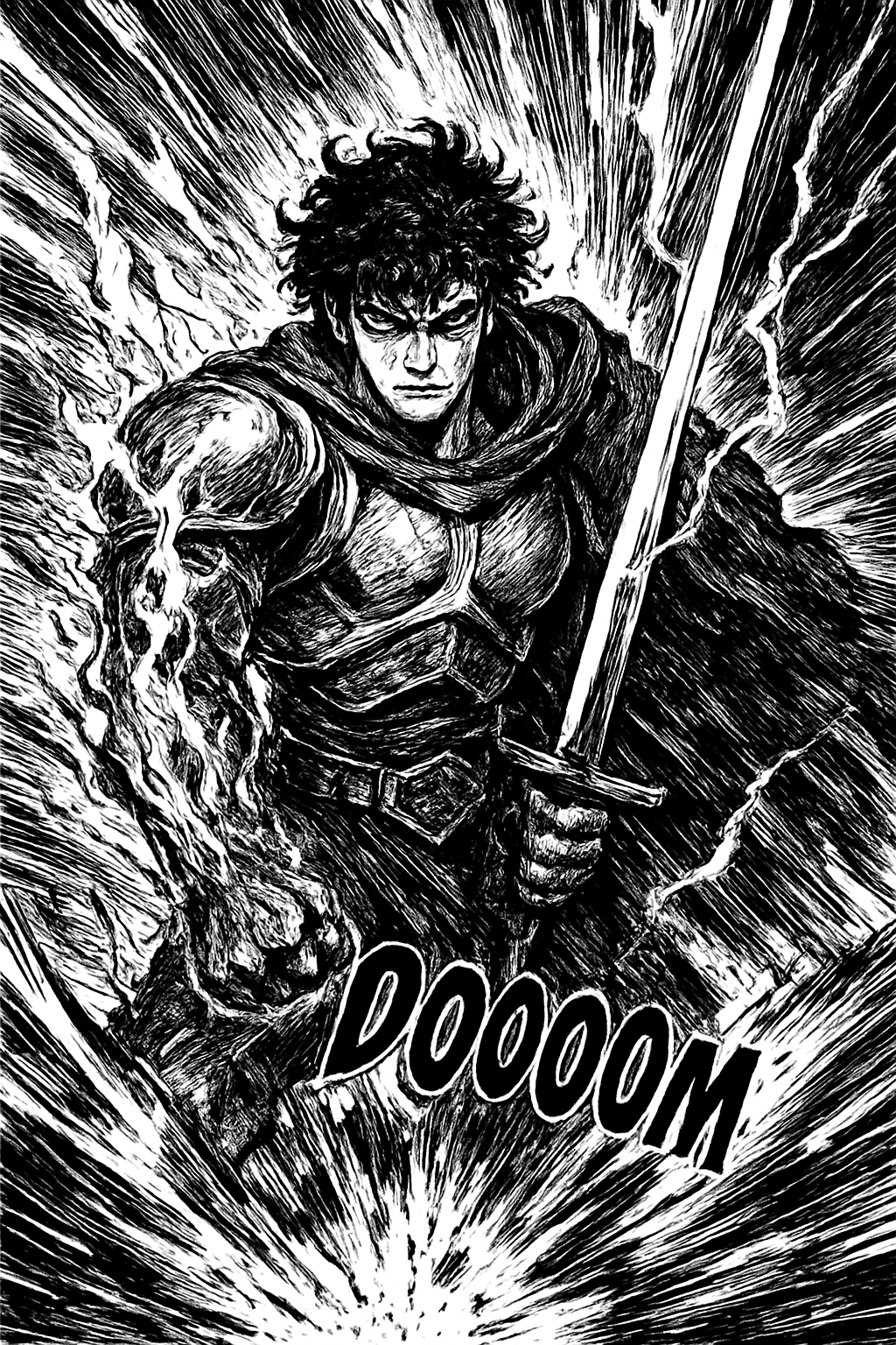 a black and white drawing of a man holding a sword