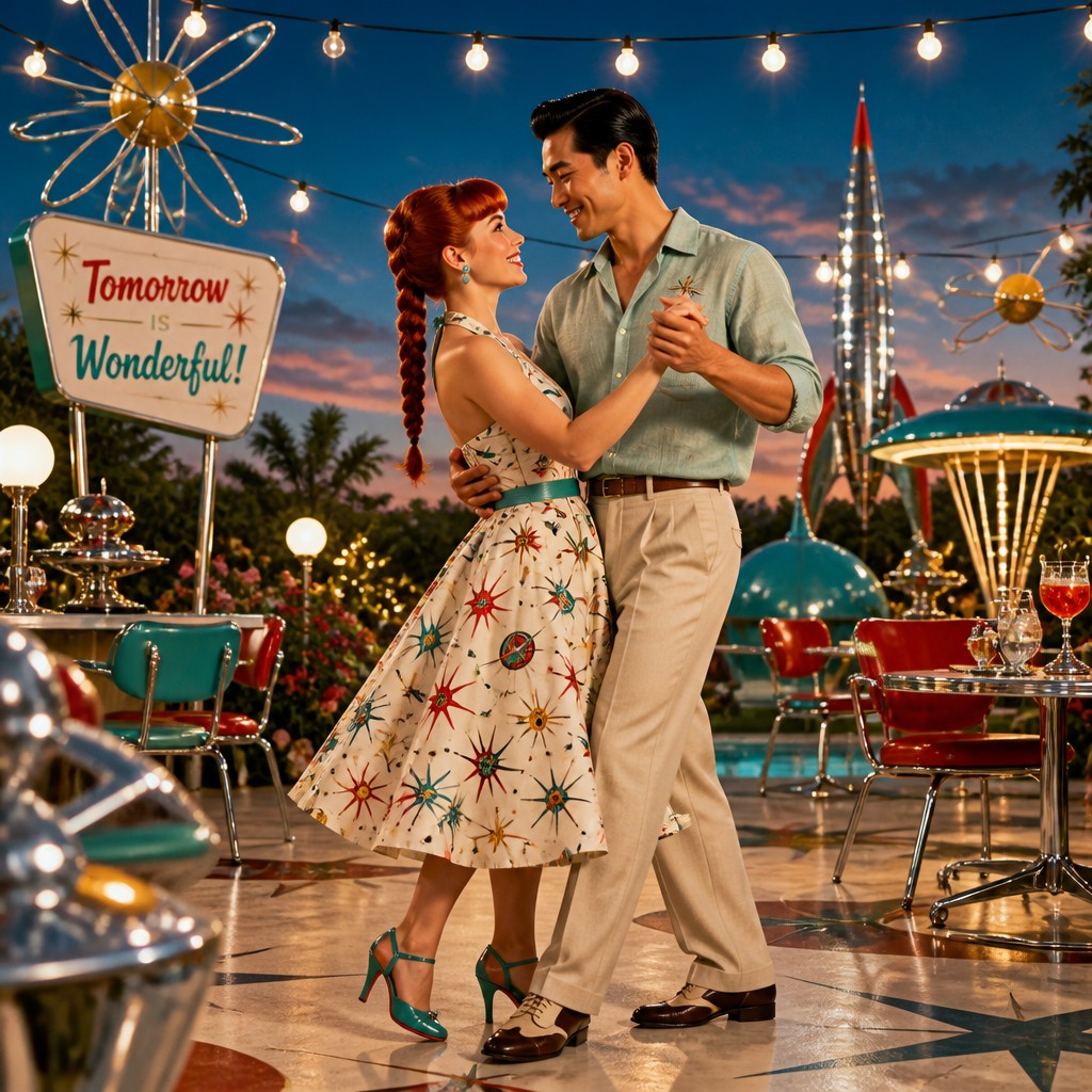 an original couple dancing under string lights in a garden at dusk: a man with short black hair in a linen shirt and a woman with braided red hair in a summer dress