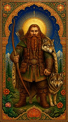 full-body original character: a dwarven ranger with a braided auburn beard, worn leather armor, a longbow and a wolf-pelt cloak, neutral background, no text