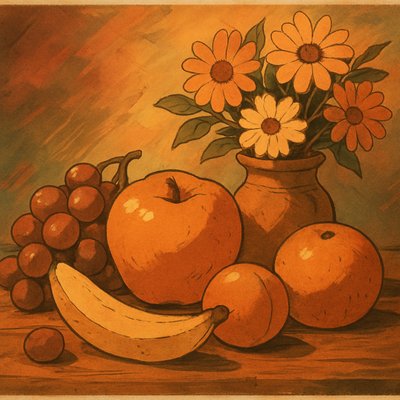 still life arrangement of fruits and flowers