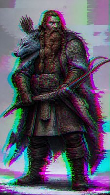 full-body original character: a dwarven ranger with a braided auburn beard, worn leather armor, a longbow and a wolf-pelt cloak, neutral background, no text