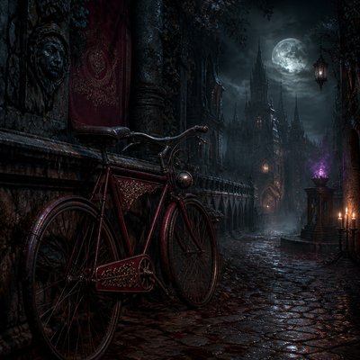 bicyle resting against a wall — Gothic Fantasy Art