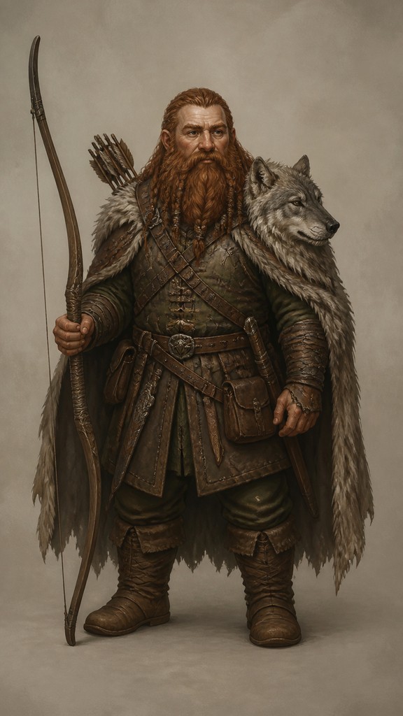 full-body original character: a dwarven ranger with a braided auburn beard, worn leather armor, a longbow and a wolf-pelt cloak, neutral background, no text
