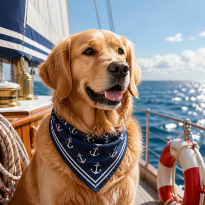 portrait of a golden retriever wearing a blue bandana, warm plain backdrop, no text