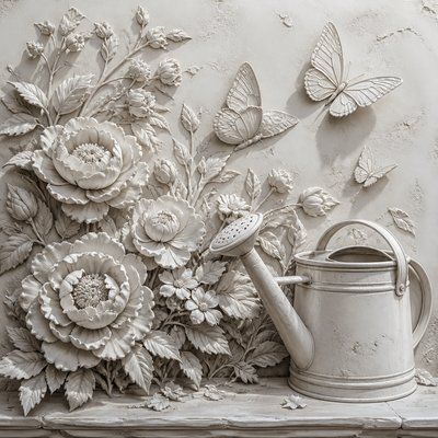 a garden scene with butterflies, flowers and a watering can, clean uncolored line art, no text