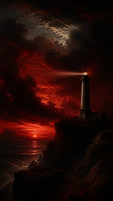 a lone lighthouse on a cliff at dusk under a dramatic sky, no text or lettering