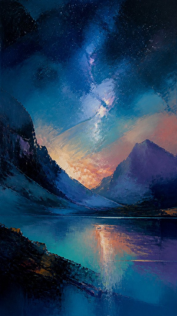 a tranquil mountain lake beneath a starry night sky, no people, no text