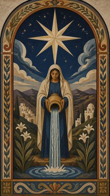 a robed figure pouring water beneath a large eight-pointed star in a night sky, symmetrical composition with an ornate decorative border, no text