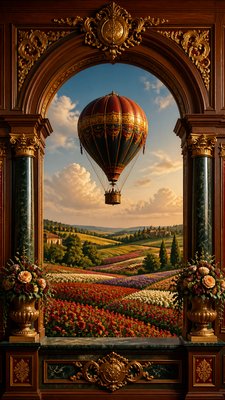 a hot air balloon drifting over rolling flower fields on a sunny day, cheerful, no text