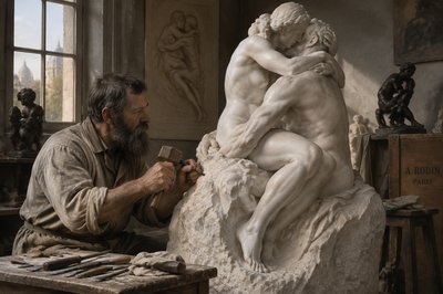Rodin sculpting two lovers embracing one another