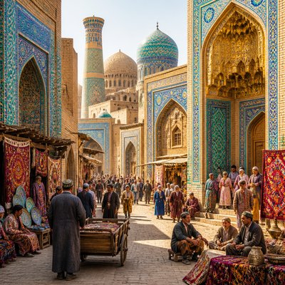 urban street with city activity — Uzbek Art Style