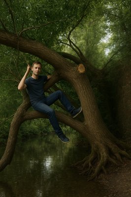 a man sitting on a tree branch in the middle of a river