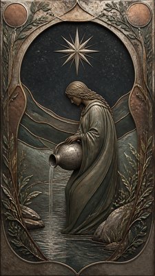 a robed figure pouring water beneath a large eight-pointed star in a night sky, symmetrical composition with an ornate decorative border, no text