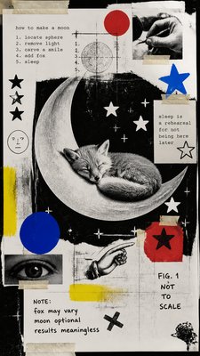 a sleeping baby fox curled on a crescent moon among soft stars, gentle and warm, no text