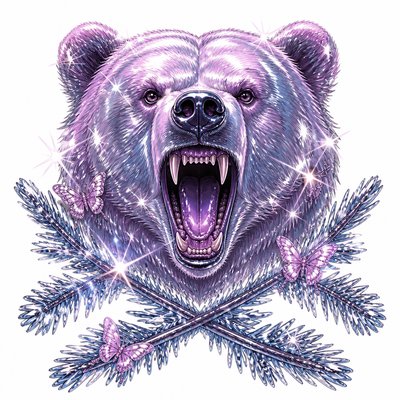 a roaring bear head above crossed pine branches, bold graphic composition on a plain background, no text
