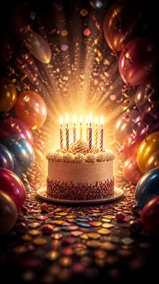 a birthday cake with lit candles surrounded by balloons and confetti, festive vertical composition, no text
