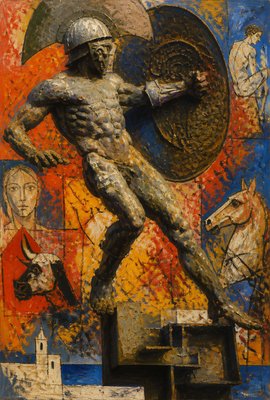 a painting of a man standing next to a horse