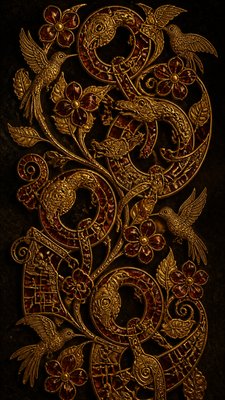 a climbing vine of flowers and hummingbirds on a dark background, tall wrapping composition, no text