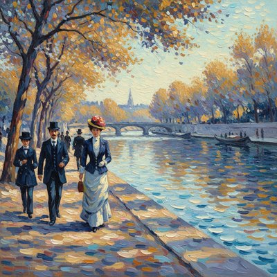 elegant Parisians in late 19th-century attire walking beside the River Seine, radiant lavender and gold foliage, mirror-like water reflections, bright afternoon light, pointillist texture layered with thick oil impasto, crisp sculptural brushwork, soft pigment ridges, vivid contrast between figures and background  Inspired by Neo-Impressionists like Seurat & Signac ...  reimagined with cinematic clarity and modern remixability.