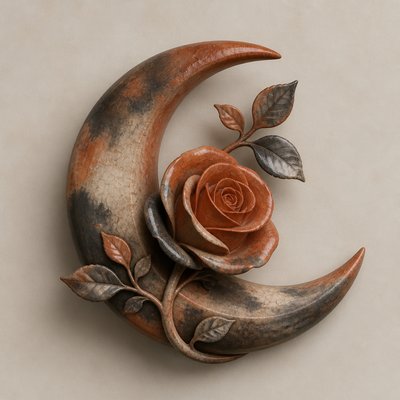 a rose entwined with a crescent moon, clean balanced composition on a plain background, no text