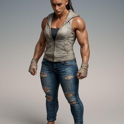 a woman in ripped jeans and a hoodie