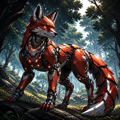 a red fox standing alert in a forest clearing, ears up, no people